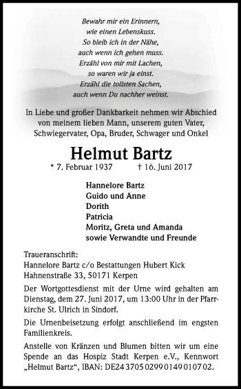Anzeige von Helmut Bartz von Kölner Stadt-Anzeiger / Kölnische Rundschau / Express