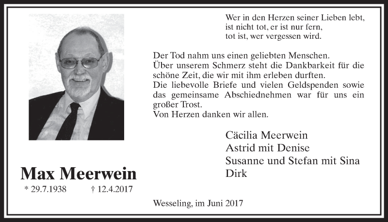  Traueranzeige für Max Meerwein vom 07.06.2017 aus  Schlossbote/Werbekurier 