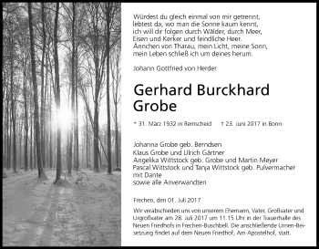 Anzeige von Gerhard Burckhard Grobe von Kölner Stadt-Anzeiger / Kölnische Rundschau / Express
