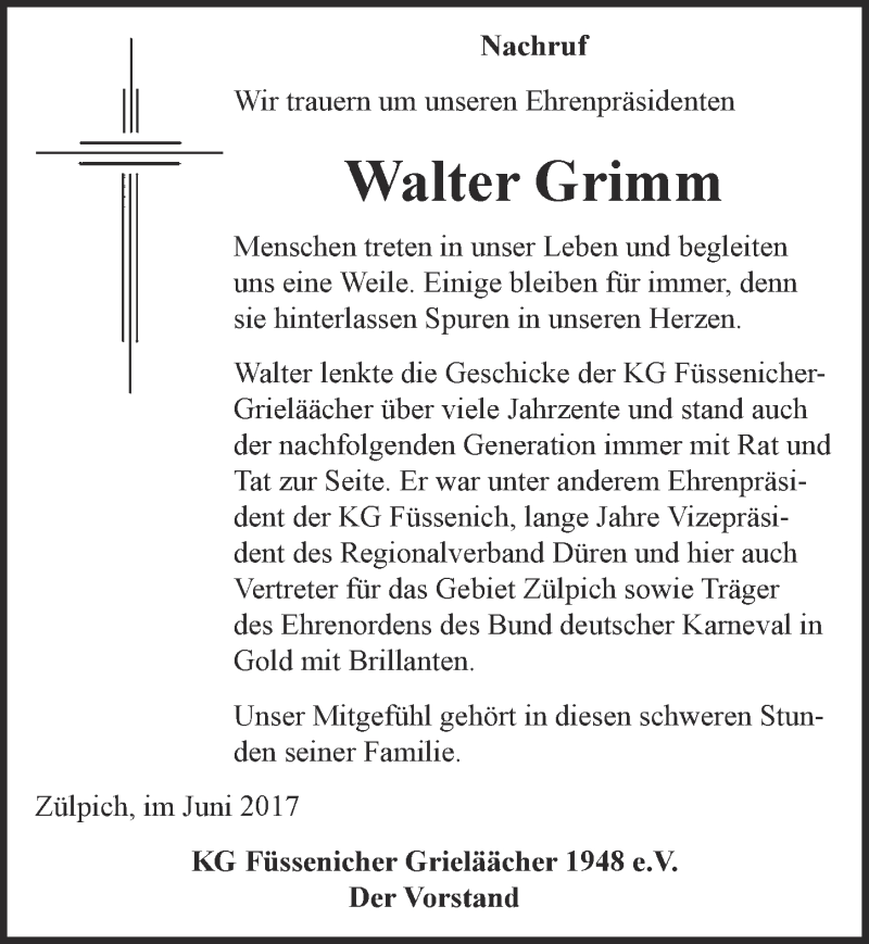  Traueranzeige für Walter Grimm vom 03.06.2017 aus  Blickpunkt Euskirchen 