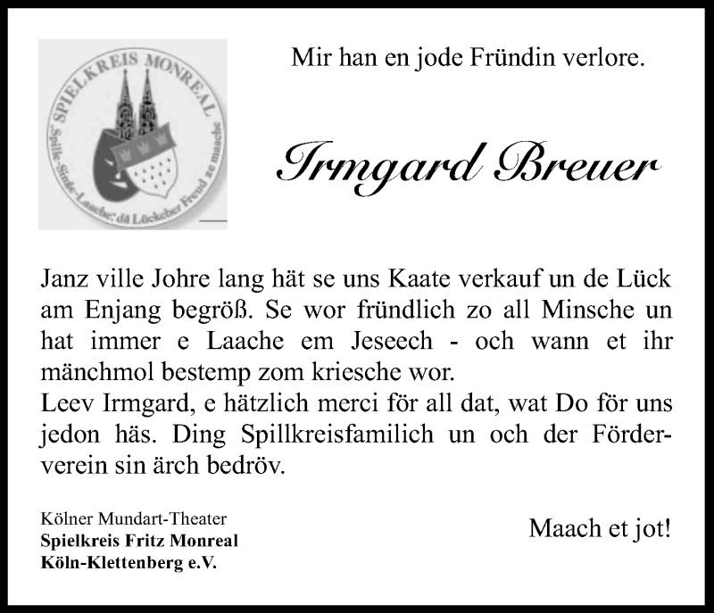  Traueranzeige für Irmgard Breuer vom 24.06.2017 aus Kölner Stadt-Anzeiger / Kölnische Rundschau / Express