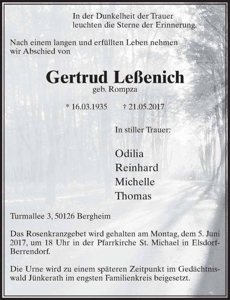  Traueranzeige für Gertrud Leßenich vom 03.06.2017 aus  Sonntags-Post 