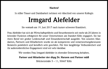 Anzeige von Irmgard Alefelder von Kölner Stadt-Anzeiger / Kölnische Rundschau / Express