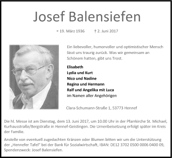 Anzeige von Josef Balensiefen von Kölner Stadt-Anzeiger / Kölnische Rundschau / Express