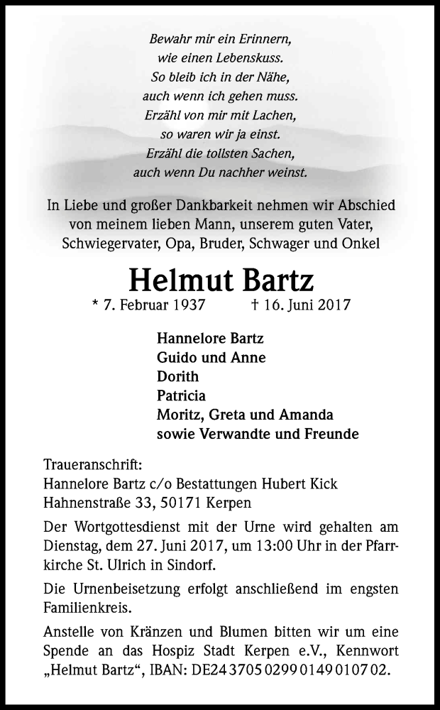  Traueranzeige für Helmut Bartz vom 24.06.2017 aus Kölner Stadt-Anzeiger / Kölnische Rundschau / Express