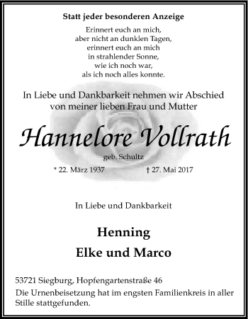Anzeige von Hannelore Vollrath von Kölner Stadt-Anzeiger / Kölnische Rundschau / Express
