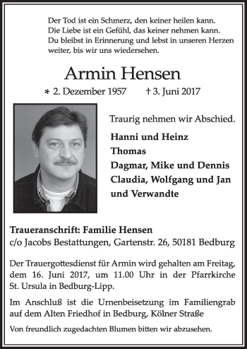 Anzeige von Armin Hensen von  Sonntags-Post 
