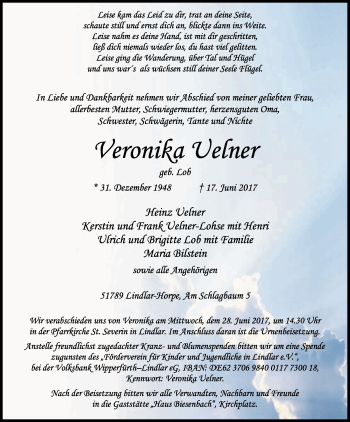 Anzeige von Veronika Uelner von Kölner Stadt-Anzeiger / Kölnische Rundschau / Express