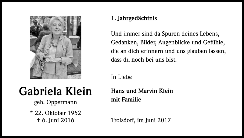  Traueranzeige für Gabriela Klein vom 03.06.2017 aus Kölner Stadt-Anzeiger / Kölnische Rundschau / Express