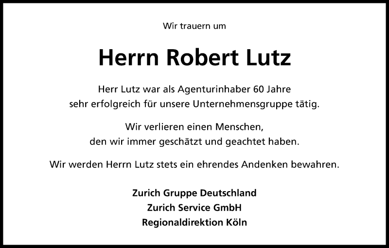  Traueranzeige für Robert Lutz vom 10.06.2017 aus Kölner Stadt-Anzeiger / Kölnische Rundschau / Express