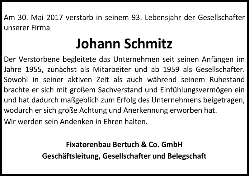  Traueranzeige für Johann Schmitz vom 03.06.2017 aus Kölner Stadt-Anzeiger / Kölnische Rundschau / Express