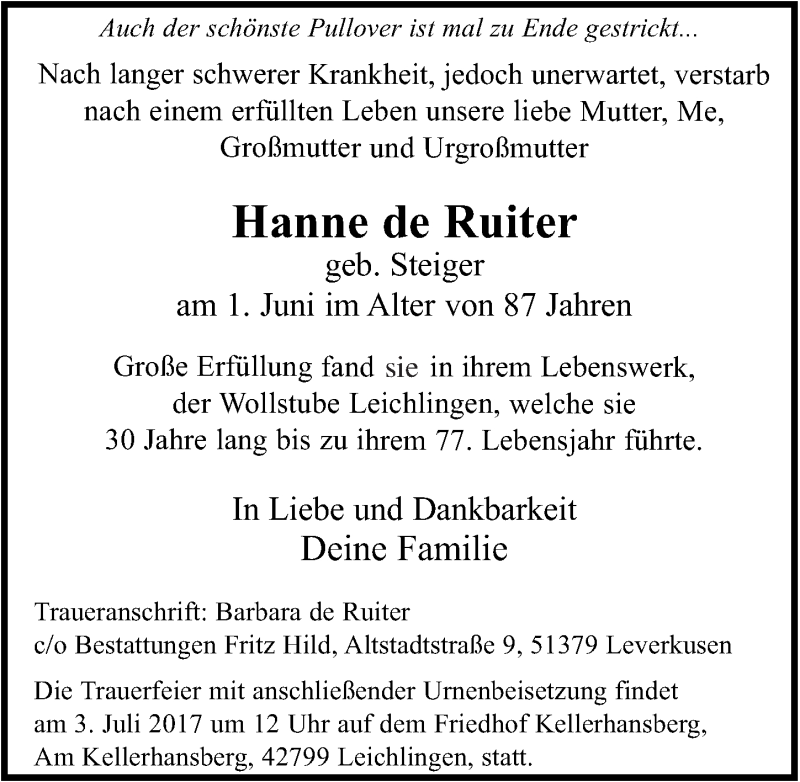  Traueranzeige für Hanne de Ruiter vom 24.06.2017 aus  Leverkusener Wochenende 