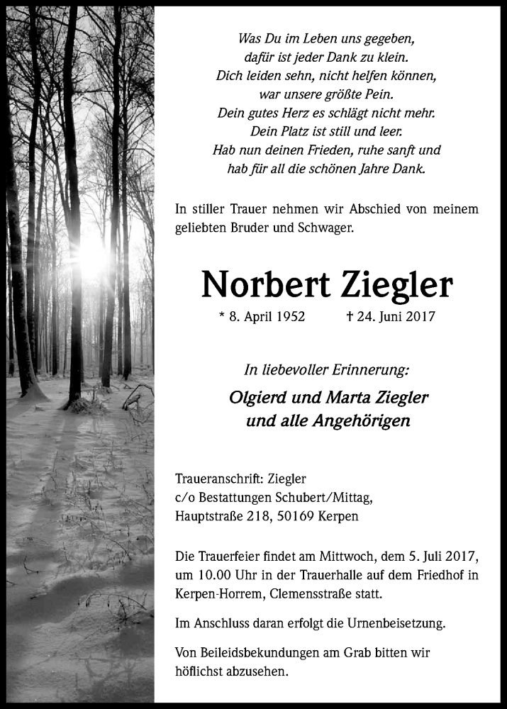  Traueranzeige für Norbert  Ziegler vom 01.07.2017 aus Kölner Stadt-Anzeiger / Kölnische Rundschau / Express