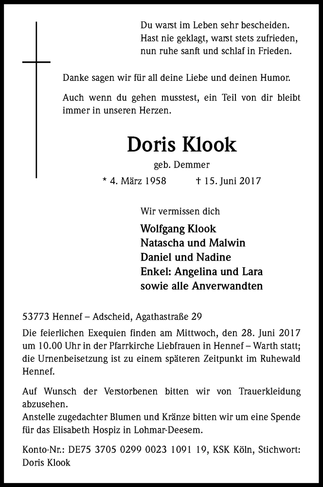  Traueranzeige für Doris Klook vom 21.06.2017 aus Kölner Stadt-Anzeiger / Kölnische Rundschau / Express