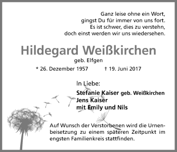 Anzeige von Hildegard Weißkirchen von Kölner Stadt-Anzeiger / Kölnische Rundschau / Express