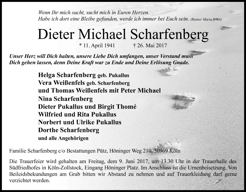  Traueranzeige für Dieter Michael Scharfenberg vom 03.06.2017 aus Kölner Stadt-Anzeiger / Kölnische Rundschau / Express
