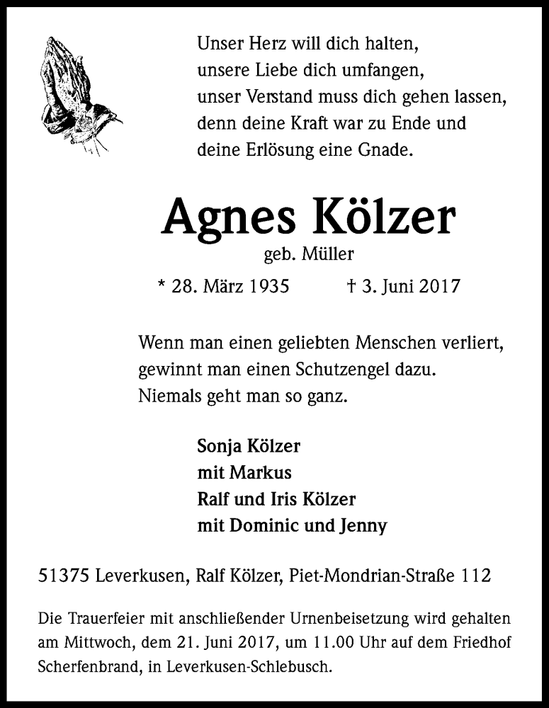  Traueranzeige für Agnes Kölzer vom 10.06.2017 aus Kölner Stadt-Anzeiger / Kölnische Rundschau / Express
