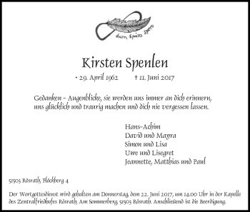Anzeige von Kirsten Spenlen von Kölner Stadt-Anzeiger / Kölnische Rundschau / Express