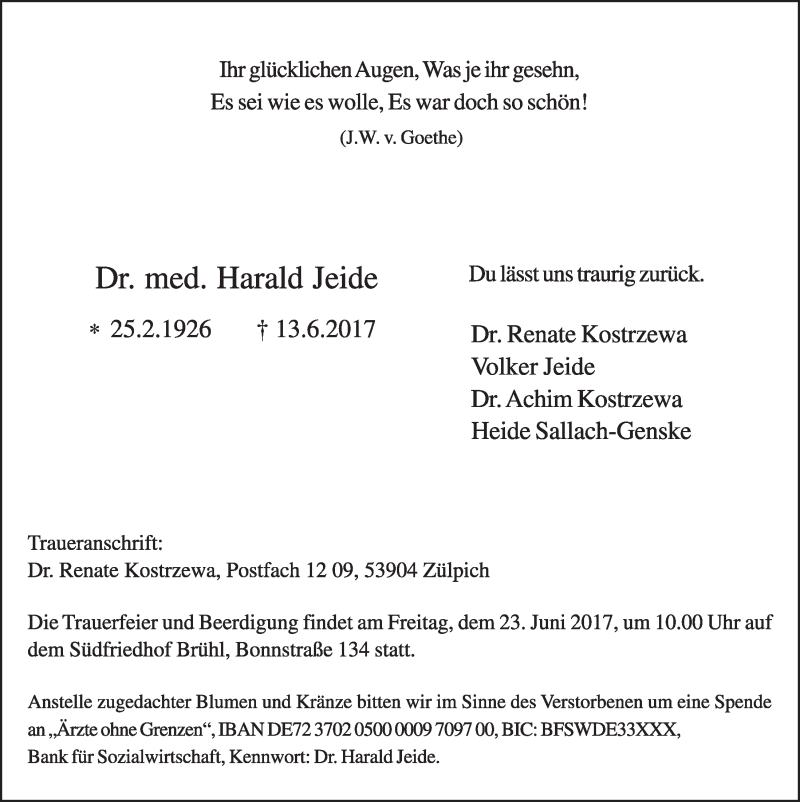  Traueranzeige für Harald Jeide vom 21.06.2017 aus  Schlossbote/Werbekurier 
