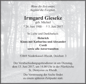 Anzeige von Irmgard Gieseke von  Rhein-Sieg-Wochenende 