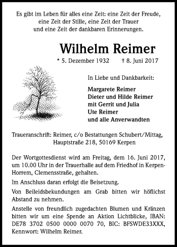 Anzeige von Wilhelm Reimer von Kölner Stadt-Anzeiger / Kölnische Rundschau / Express