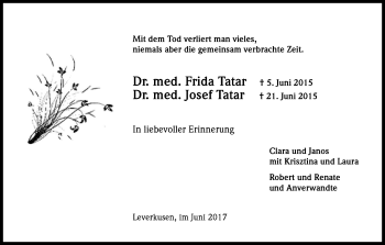 Anzeige von Frida und Josef Tatar von Kölner Stadt-Anzeiger / Kölnische Rundschau / Express