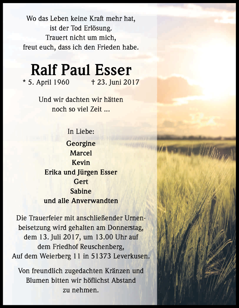  Traueranzeige für Ralf Paul Esser vom 01.07.2017 aus Kölner Stadt-Anzeiger / Kölnische Rundschau / Express