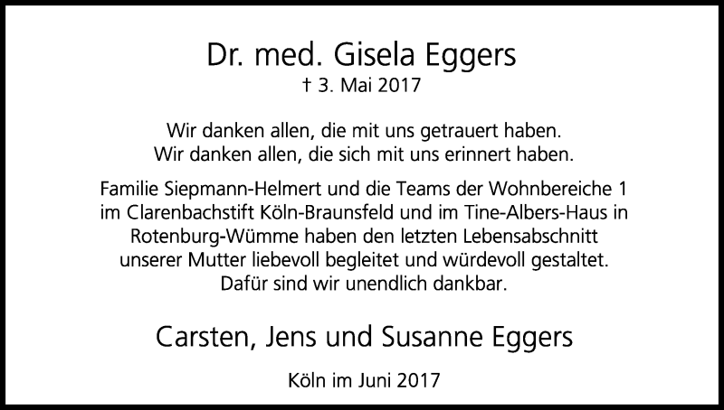  Traueranzeige für Giesela Eggers vom 17.06.2017 aus Kölner Stadt-Anzeiger / Kölnische Rundschau / Express