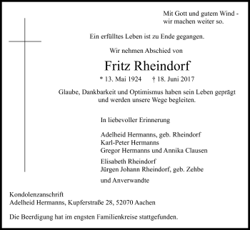Anzeige von Fritz Rheindorf von Kölner Stadt-Anzeiger / Kölnische Rundschau / Express