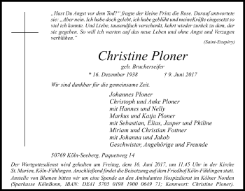 Anzeige von Christine Ploner von Kölner Stadt-Anzeiger / Kölnische Rundschau / Express