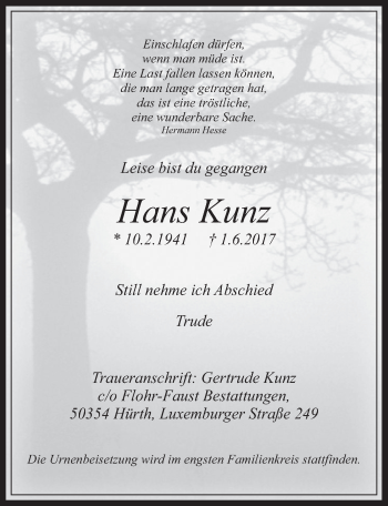 Anzeige von Hans Kunz von  Wochenende 