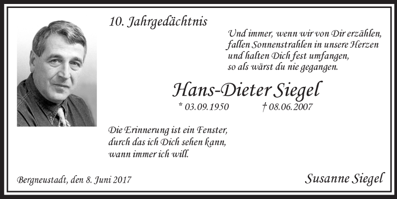  Traueranzeige für Hans-Dieter Siegel vom 07.06.2017 aus  Anzeigen Echo 