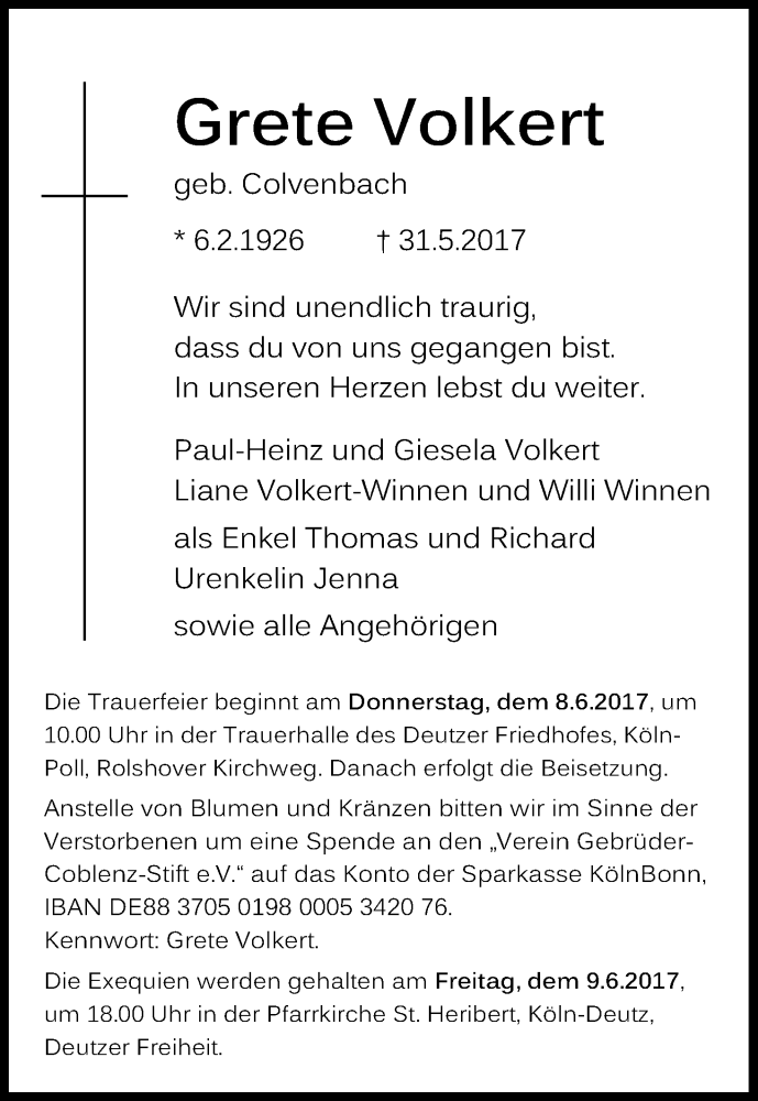  Traueranzeige für Grete Volkert vom 03.06.2017 aus Kölner Stadt-Anzeiger / Kölnische Rundschau / Express
