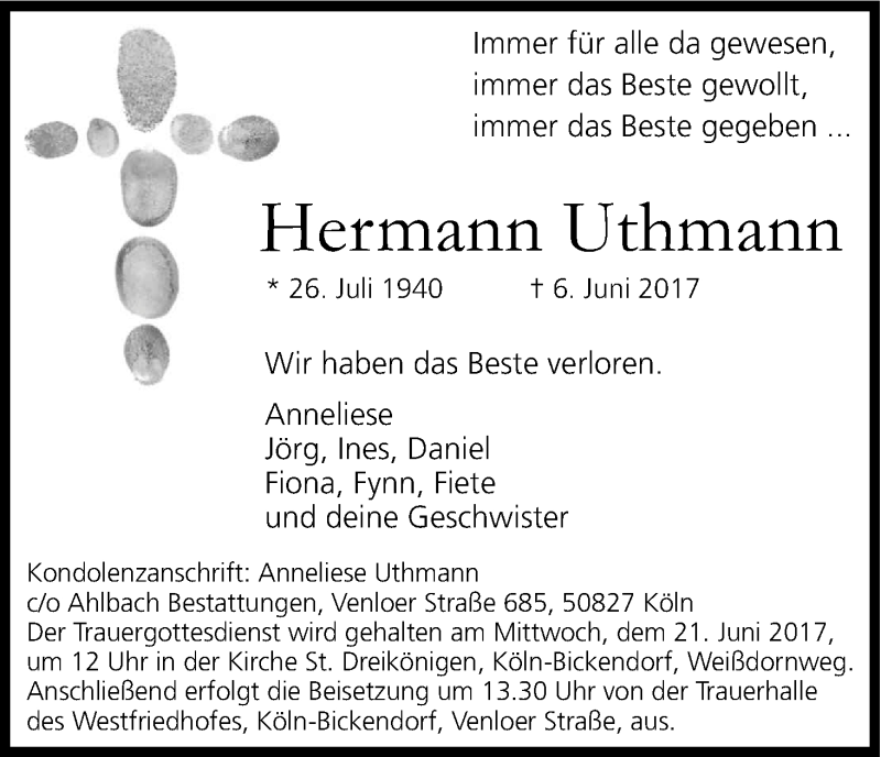  Traueranzeige für Hermann Uthmann vom 17.06.2017 aus Kölner Stadt-Anzeiger / Kölnische Rundschau / Express