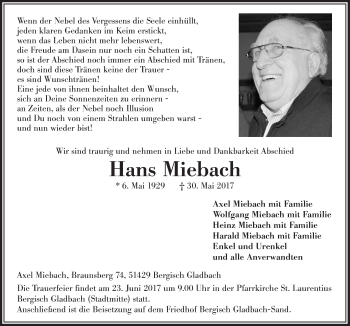 Anzeige von Hans Miebach von  Bergisches Handelsblatt 