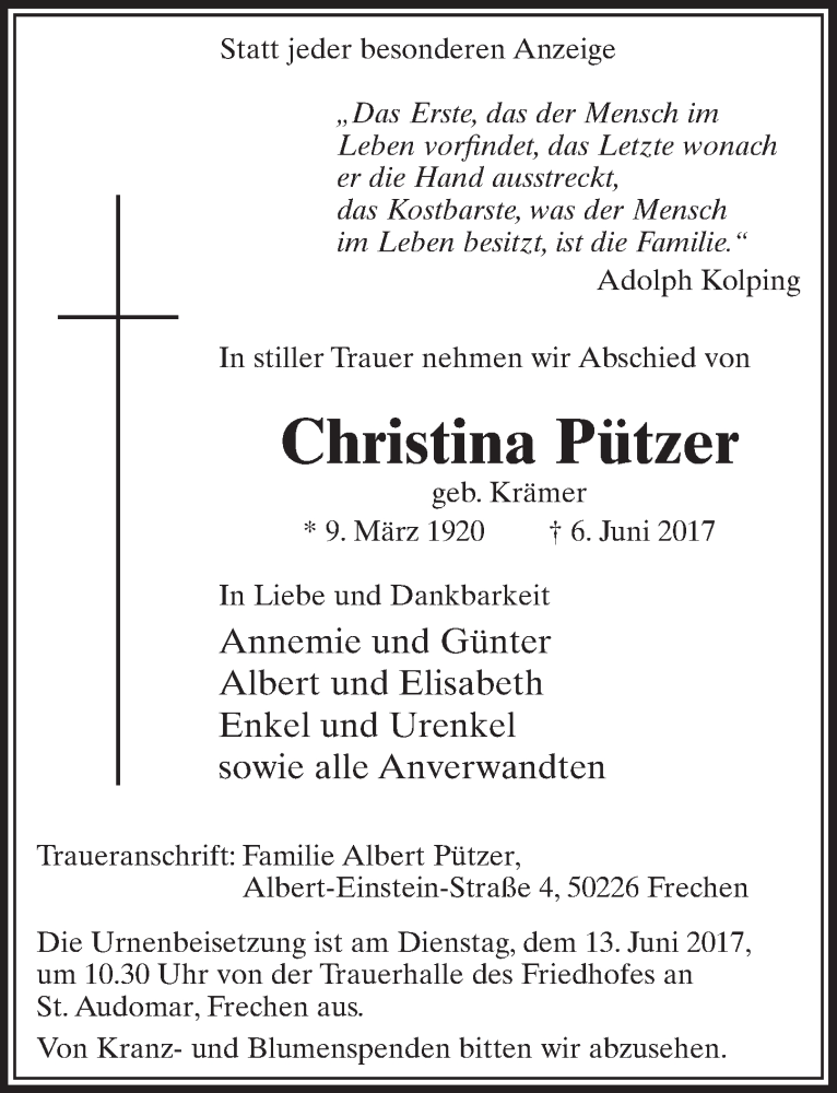 Traueranzeige für Christina Pützer vom 10.06.2017 aus  Sonntags-Post 