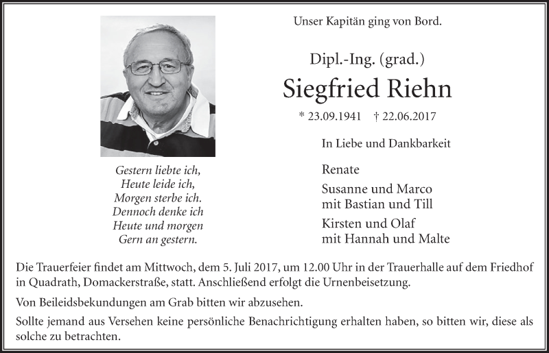  Traueranzeige für Siegfried Riehn vom 01.07.2017 aus  Sonntags-Post 
