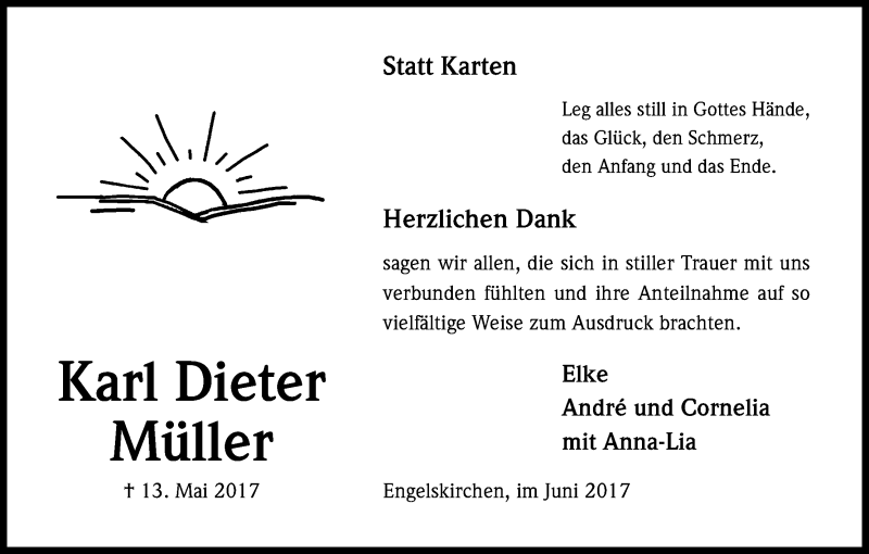 Traueranzeige für Karl Dieter Müller vom 20.06.2017 aus Kölner Stadt-Anzeiger / Kölnische Rundschau / Express