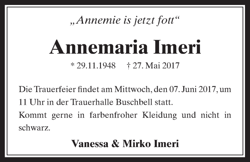  Traueranzeige für Annemaria Imeri vom 03.06.2017 aus  Sonntags-Post 