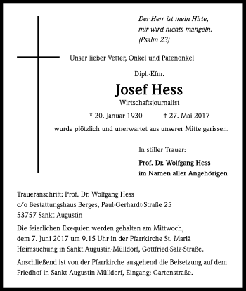 Anzeige von Josef Hess von Kölner Stadt-Anzeiger / Kölnische Rundschau / Express