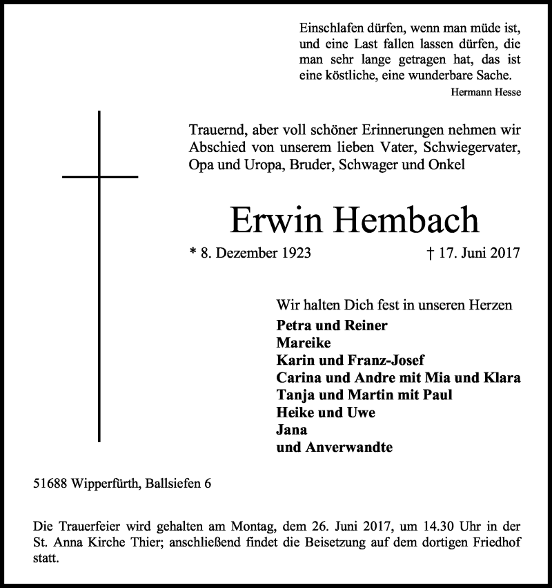  Traueranzeige für Erwin Hembach vom 21.06.2017 aus Kölner Stadt-Anzeiger / Kölnische Rundschau / Express
