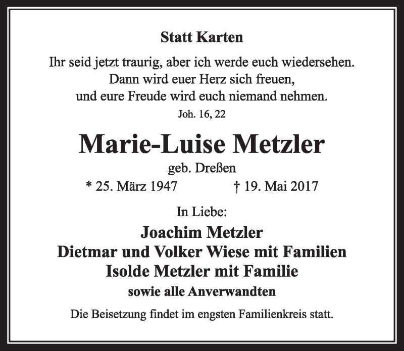  Traueranzeige für Marie-Luise  Metzler vom 03.06.2017 aus  Sonntags-Post 