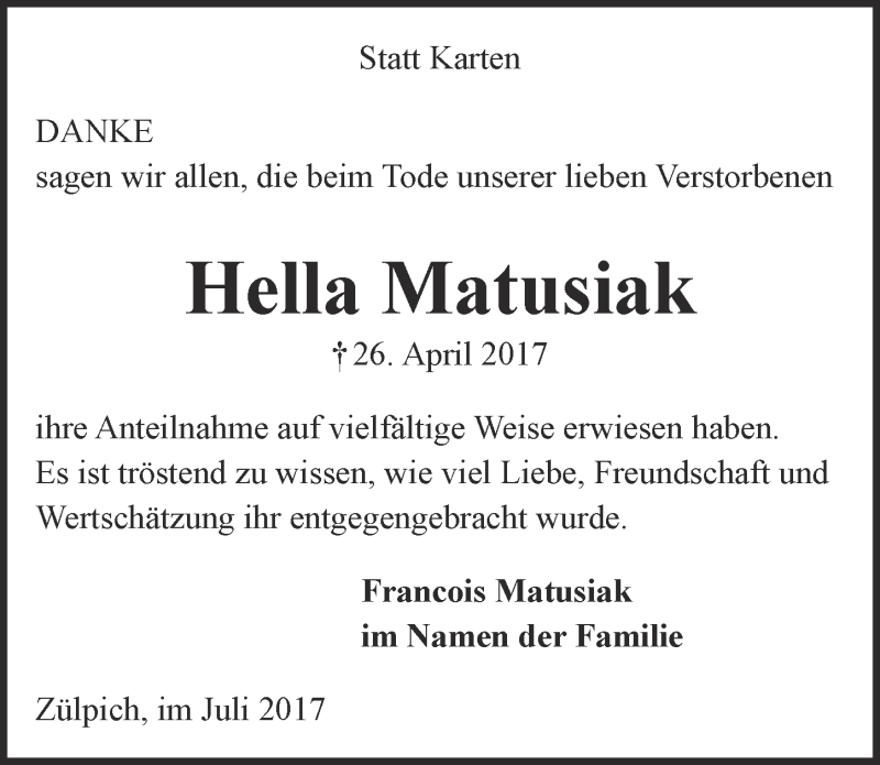  Traueranzeige für Hella Matusiak vom 01.07.2017 aus  Blickpunkt Euskirchen 