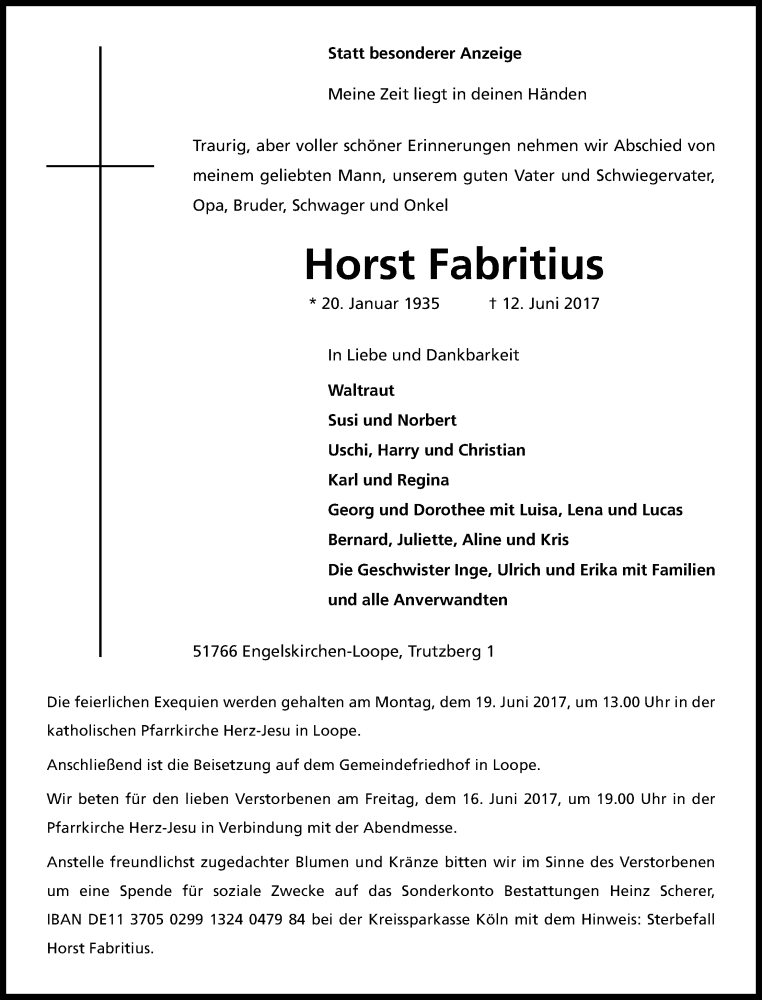  Traueranzeige für Horst Fabritius vom 15.06.2017 aus Kölner Stadt-Anzeiger / Kölnische Rundschau / Express