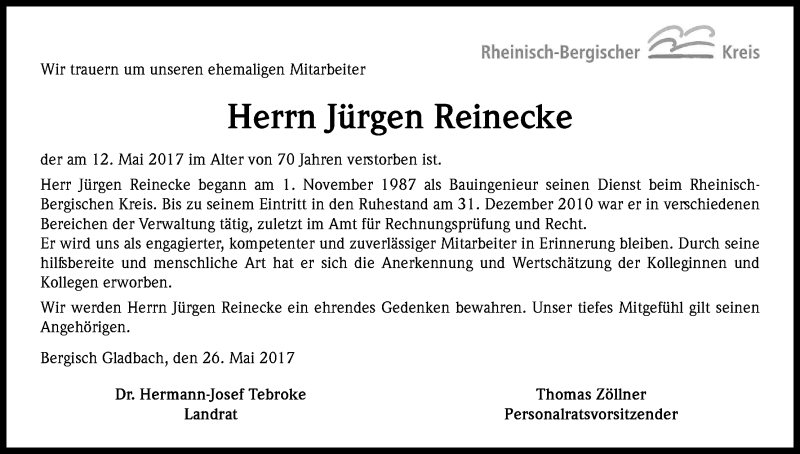  Traueranzeige für Jürgen Reinecke vom 03.06.2017 aus Kölner Stadt-Anzeiger / Kölnische Rundschau / Express