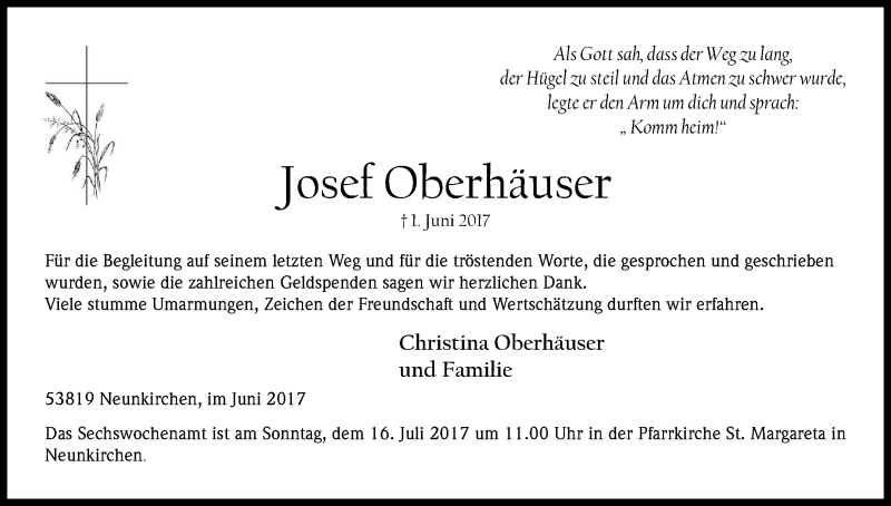  Traueranzeige für Josef Oberhäuser vom 30.06.2017 aus Kölner Stadt-Anzeiger / Kölnische Rundschau / Express