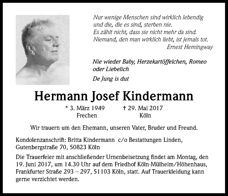  Traueranzeige für Hermann Josef Kindermann vom 14.06.2017 aus Kölner Stadt-Anzeiger / Kölnische Rundschau / Express