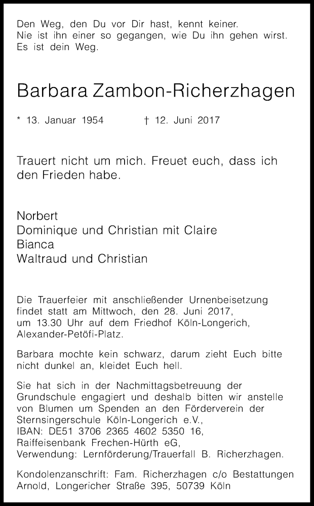  Traueranzeige für Barbara Zambon-Richerzhagen vom 24.06.2017 aus Kölner Stadt-Anzeiger / Kölnische Rundschau / Express