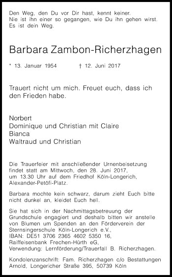 Anzeige von Barbara Zambon-Richerzhagen von Kölner Stadt-Anzeiger / Kölnische Rundschau / Express