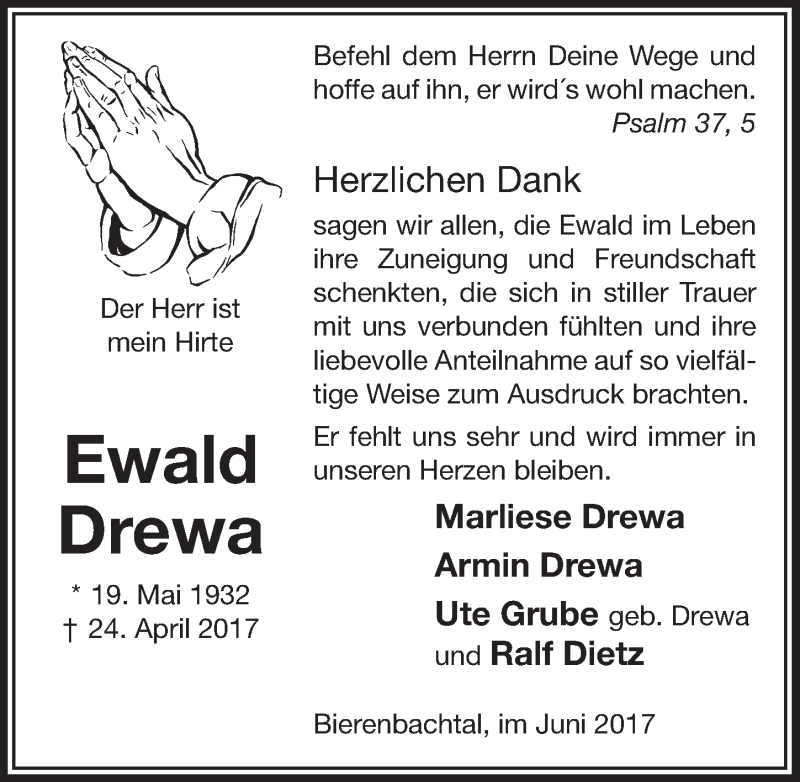  Traueranzeige für Ewald Drewa vom 28.06.2017 aus  Anzeigen Echo  Lokalanzeiger 